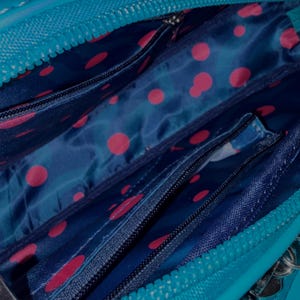 May include: The interior of a teal bag featuring a dark blue lining with a pattern of pink polka dots. The bag includes a zippered compartment along the top edge and a central zippered divider, providing organized storage space within the main section.