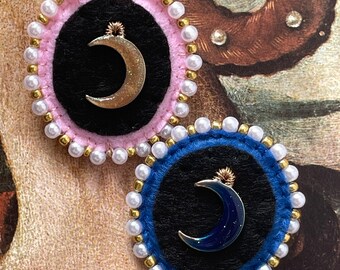 Blue Moon, Pink Moon, Brooch, Pin, Handmade Brooch, Handmade Pin, Crescent Moon, Witchy, Celestial, Beaded Brooch, Moon Pin, Moon Brooch