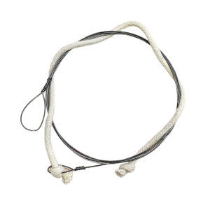 May include: A white cotton string wound around a set of three black guitar strings.