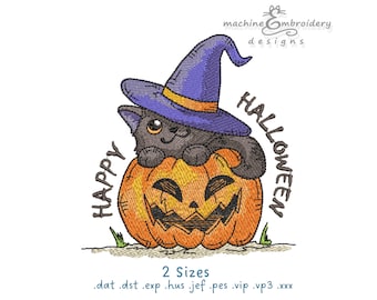 Black Cat on Pumpkin Embroidery Design, Halloween Decor (Digital File)