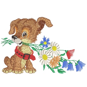 Op de afbeelding: Een bruine en witte puppy met een rode halsband houdt een boeket bloemen in zijn bek. De bloemen zijn een mix van wit, blauw, rood en oranje.