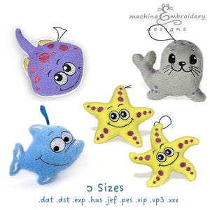 May include: A collection of plush sea creatures, including a purple stingray, a gray seal, a blue fish, and two yellow starfish. Each has a smiling face and is designed for machine embroidery. The image also displays the text "5 Sizes" and file extensions.