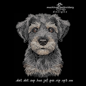 Op de afbeelding: Een machineborduurontwerp met een gedetailleerd portret van een ruwharige hond met donkergrijze en tan-kleurige vacht, bruine ogen en een zwarte neus. De tekst machineEmbroidery designs staat bovenaan, met de bestandsformaten onderaan.