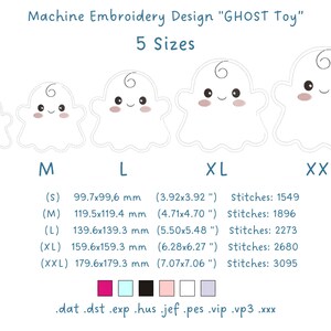 Puede incluir: Dise&ntilde;o de bordado a m&aacute;quina titulado GHOST Toy que muestra cinco tama&ntilde;os de un personaje fantasma blanco con un peque&ntilde;o rizo en la cabeza, ojos negros y mejillas rosadas. La imagen muestra dimensiones en mil&iacute;metros y pulgadas, puntadas y formatos.