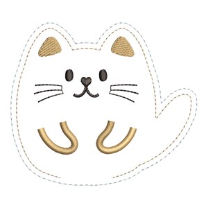 May include: A white cat-shaped embroidery design with tan ears and paws, black whiskers, and a black nose and mouth. The design is outlined with a dotted line, giving it a stitched appearance.