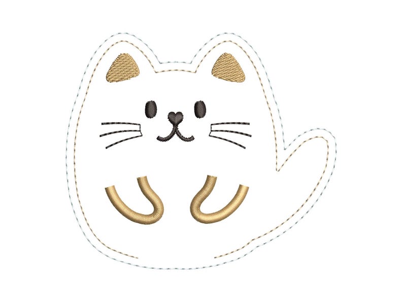 May include: A white cat-shaped embroidery design with tan ears and paws, black whiskers, and a black nose and mouth. The design is outlined with a dotted line, giving it a stitched appearance.