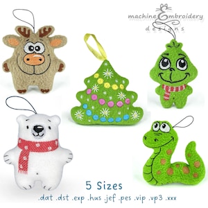 May include: Five felt Christmas ornaments with a hanging loop. The ornaments are a reindeer, a Christmas tree, a polar bear, a Grinch-like character, and a snake. The ornaments are all green, brown, white, and red.