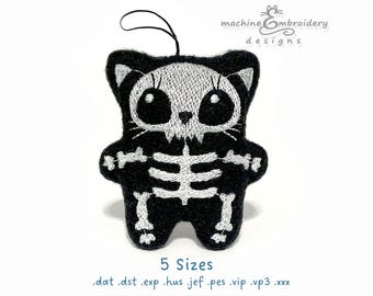 Cat Skeleton  Plush Toy – In the Hoop Machine Embroidery Design – DIY Stuffed Animal Pattern – Instant Download, 5 Sizes