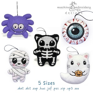 May include: A collection of five Halloween-themed felt ornaments. Designs include a purple spider, an eyeball, a mummy, a skeleton cat, and a ghost cat holding a pumpkin. Each ornament has a loop for hanging.