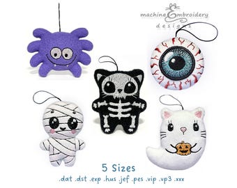 Bundle Halloween Plush Toy – ITH Machine Embroidery Design – DIY Stuffed Animal Pattern – Mummy, Spider, Eyeball, Ghost, Skeleton, 5 Sizes