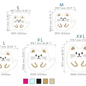 May include: White cat ghost embroidery designs in various sizes: S (3.92" x 3.43"), M (4.71" x 4.12"), L (5.50" x 4.80"), XL (6.28" x 5.50"), and XXL (7.07" x 6.19"). Each size shows stitch counts. Includes color swatches.