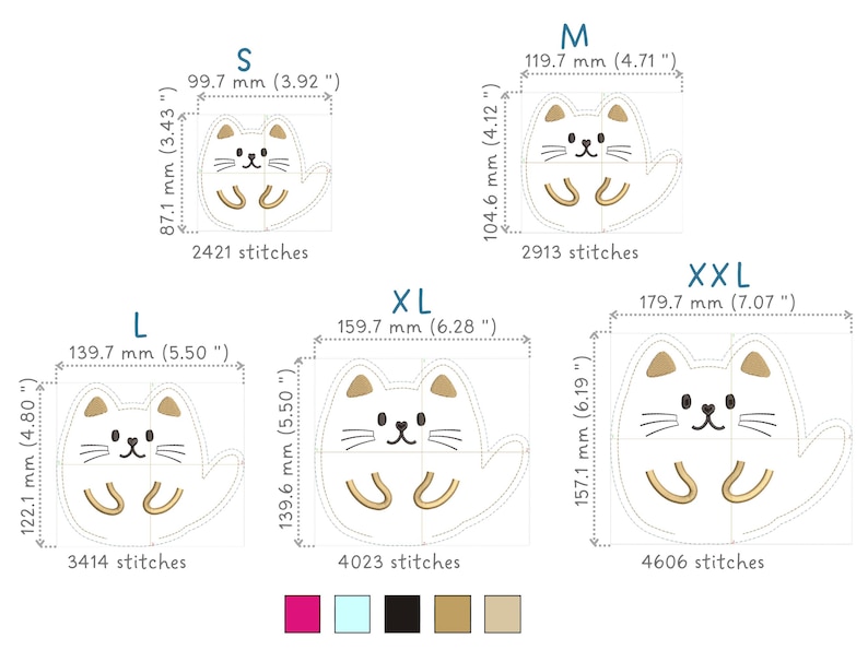May include: White cat ghost embroidery designs in various sizes: S (3.92" x 3.43"), M (4.71" x 4.12"), L (5.50" x 4.80"), XL (6.28" x 5.50"), and XXL (7.07" x 6.19"). Each size shows stitch counts. Includes color swatches.