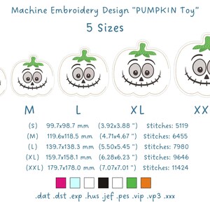Puede incluir: Dise&ntilde;o de bordado a m&aacute;quina titulado PUMPKIN Toy que presenta cinco tama&ntilde;os de un gr&aacute;fico de calabaza blanca con tallo verde, ojos grandes y boca cosida. Incluye dimensiones en mm y pulgadas, n&uacute;mero de puntadas y formatos de archivo .dat, .dst, .exp, .hus, .jef, .pes, .vip, .vp3, .xxx.