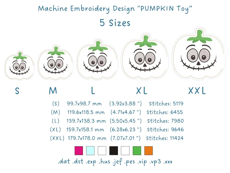 Puede incluir: Dise&ntilde;o de bordado a m&aacute;quina titulado PUMPKIN Toy que presenta cinco tama&ntilde;os de un gr&aacute;fico de calabaza blanca con tallo verde, ojos grandes y boca cosida. Incluye dimensiones en mm y pulgadas, n&uacute;mero de puntadas y formatos de archivo .dat, .dst, .exp, .hus, .jef, .pes, .vip, .vp3, .xxx.