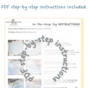 Puede incluir: Un documento blanco titulado In-The-Hoop Toy INSTRUCTIONS con el texto PDF step-by-step instructions included. La p&aacute;gina presenta tres peque&ntilde;as fotograf&iacute;as que muestran procesos de bastidor y pasos escritos para bordado.