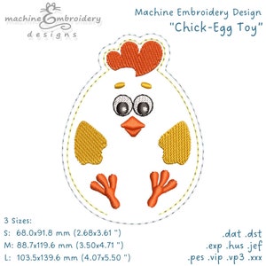 May include: Machine embroidery design of a yellow chick with orange feet and a red comb, in the shape of an egg. The design is available in three sizes: 2.68x3.61 inches, 3.50x4.71 inches, and 4.07x5.50 inches. File formats include: .dat, .dst, .exp, .hus, .jef, .pes, .vip, .vp3, and .xxx.