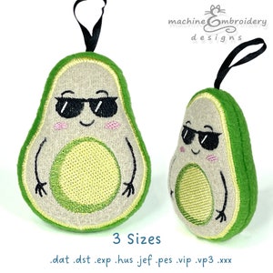 May include: Two plush avocado ornaments with a green outer layer and a light brown inner layer. The avocados have a smiling face with sunglasses and arms. The ornaments are available in three sizes. The text "3 Sizes" is printed below the ornaments. The text ".dat .dst .exp .hus .jef .pes .vip .vp3 .xxx" is printed below the text "3 Sizes".