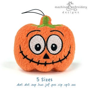 May include: Orange pumpkin-shaped plush toy with a stitched-on smiling face, big eyes, and a stitched-on mouth. The toy is designed for machine embroidery and is available in five sizes.  .dat .dst .exp .hus .jef .pes .vip .vp3 .xxx