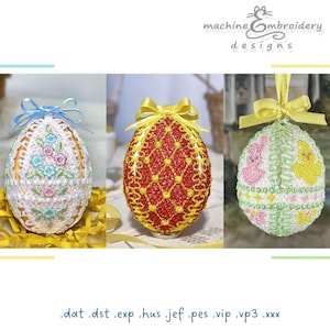 May include: Three embroidered Easter egg designs. The first egg is white with a floral pattern, the second is red with a diamond pattern, and the third is green with a yellow chick and pink bunny.