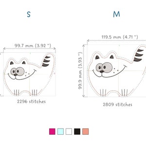 May include: Two sizes of a cartoon cat embroidery design. The smaller size is 3.92 inches wide and 3.28 inches tall. The larger size is 4.71 inches wide and 3.93 inches tall. The design features a smiling cat with black and gray details.