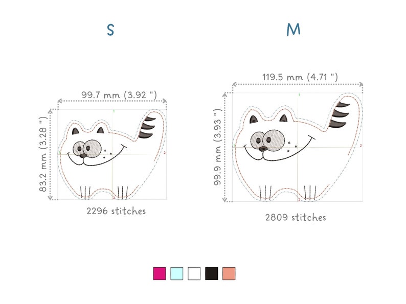 May include: Two sizes of a cartoon cat embroidery design. The smaller size is 3.92 inches wide and 3.28 inches tall. The larger size is 4.71 inches wide and 3.93 inches tall. The design features a smiling cat with black and gray details.