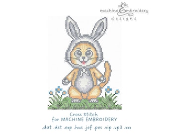 Cross Stitch Cat in Bunny Costume Machine Embroidery Design, Digital Download
