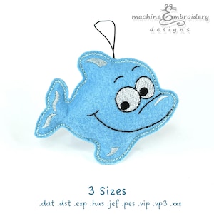 May include: A blue felt dolphin with a smiling face and large eyes. The dolphin is a machine embroidery design available in three sizes. The file formats include .dat, .dst, .exp, .hus, .jef, .pes, .vip, .vp3, and .xxx.