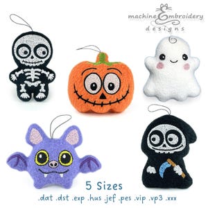 May include: Five Halloween-themed embroidery designs: a skeleton, a pumpkin, a ghost, a bat, and a grim reaper. The designs are available in five sizes and in various embroidery file formats, including .dat, .dst, .exp, .hus, .jef, .pes, .vip, .vp3, and .xxx.