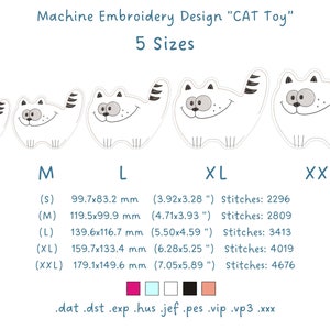 May include: Machine embroidery design of a cartoon cat toy in five sizes, labeled S to XXL. The white cat has a smiling face, black stripes on its tail, and whiskers. Measurements are provided in inches and millimeters. The design includes various file formats.