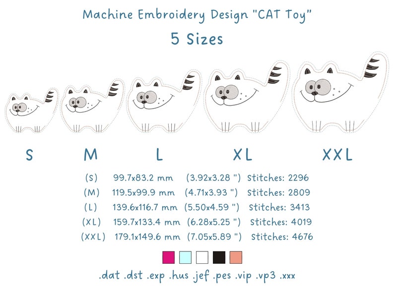 May include: Machine embroidery design of a cartoon cat toy in five sizes, labeled S to XXL. The white cat has a smiling face, black stripes on its tail, and whiskers. Measurements are provided in inches and millimeters. The design includes various file formats.