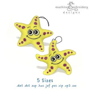 May include: Two yellow starfish decorations with smiling faces and purple spots. Each starfish has a black loop for hanging. The text "machine embroidery designs" and "5 Sizes" are also visible.