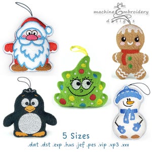 Op de afbeelding: Vijf borduurmotieven voor kerstversiering: een rode kerstman, een groene kerstboom, een peperkoekman, een pinguïn en een sneeuwpop. De ontwerpen zijn verkrijgbaar in vijf maten en in de volgende formaten: .dat, .dst, .exp, .hus, .jef, .pes, .vip, .vp3, .xxx.