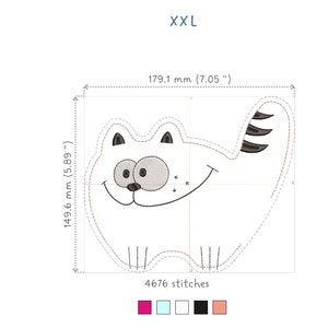 May include: A white cartoon cat design with a smiling face, black eyes, and a striped tail. The design is outlined in brown and measures 7.05 inches wide and 5.89 inches high. The text "XXL" is at the top.