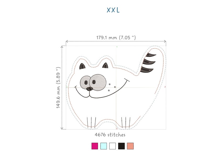 May include: A white cartoon cat design with a smiling face, black eyes, and a striped tail. The design is outlined in brown and measures 7.05 inches wide and 5.89 inches high. The text "XXL" is at the top.