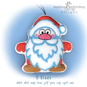 May include: A red and white Santa Claus ornament with a blue beard and a pink nose. The ornament is hanging from a string and has a white background.