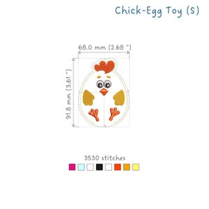 May include: A yellow chick-shaped embroidery design with orange beak, feet, and comb. The design is 2.68 inches wide and 3.61 inches tall and has 3530 stitches.