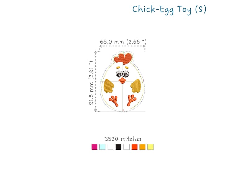May include: A yellow chick-shaped embroidery design with orange beak, feet, and comb. The design is 2.68 inches wide and 3.61 inches tall and has 3530 stitches.
