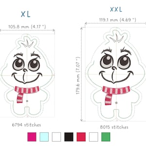 May include: Two embroidery designs of a cartoon snowman with a red and white striped scarf. The design on the left is labelled "XL" and measures 4.17 inches by 6.28 inches. The design on the right is labelled "XXL" and measures 4.69 inches by 7.07 inches. Both designs have 6794 and 8015 stitches, respectively.