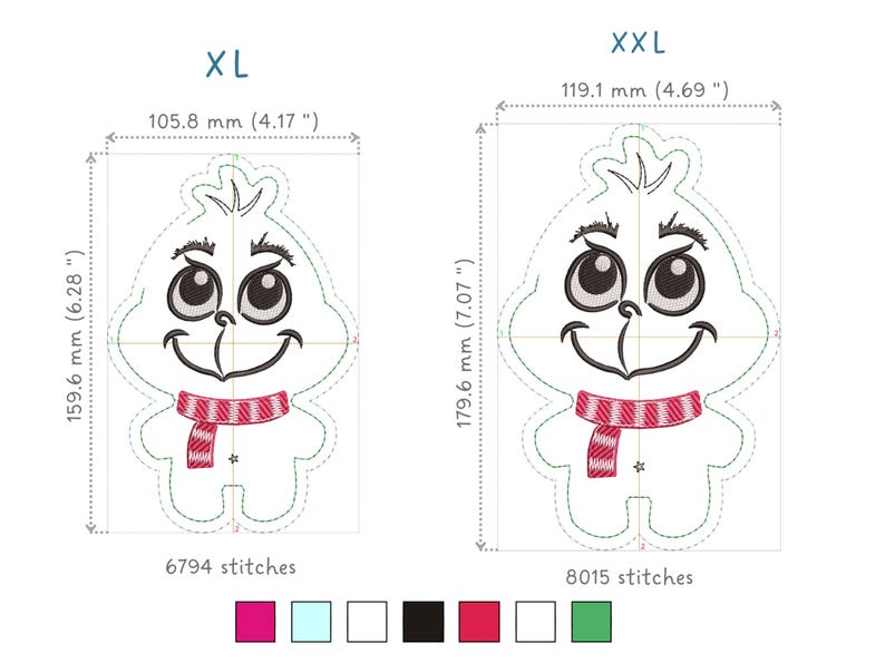 May include: Two embroidery designs of a cartoon snowman with a red and white striped scarf. The design on the left is labelled "XL" and measures 4.17 inches by 6.28 inches. The design on the right is labelled "XXL" and measures 4.69 inches by 7.07 inches. Both designs have 6794 and 8015 stitches, respectively.