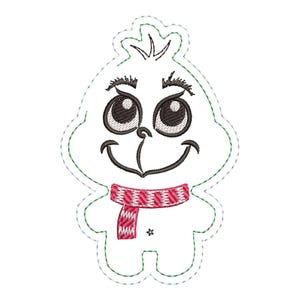May include: Green cartoon character with big eyes and a red and white striped scarf. The character is smiling and has a green outline.