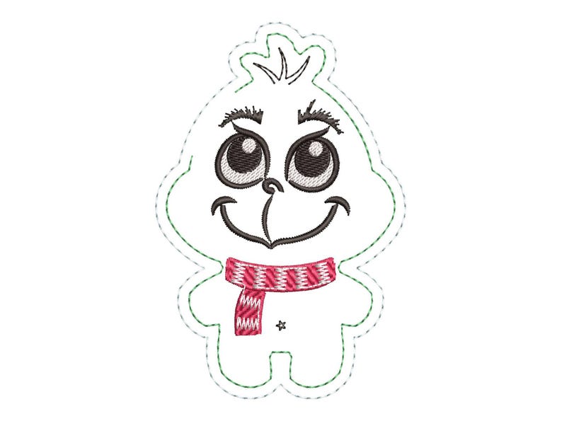 May include: Green cartoon character with big eyes and a red and white striped scarf. The character is smiling and has a green outline.