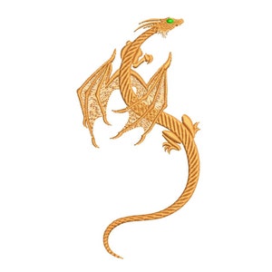 May include: A gold dragon with green eyes is curled in a circle with its wings spread out. The dragon is a stylized design with a detailed pattern.