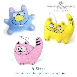 May include: Three embroidered felt cat toys in blue, yellow, and pink. Each cat has a unique expression and features. The toys are available in five sizes and in various embroidery file formats, including .dat, .dst, .exp, .hus, .jef, .pes, .vip, .vp3, and .xxx.