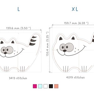 May include: White cartoon cat embroidery design in two sizes, L and XL. The L size is 5.50 inches wide and 4.59 inches tall. The XL size is 6.28 inches wide and 5.25 inches tall. The design features a smiling cat with a striped tail.