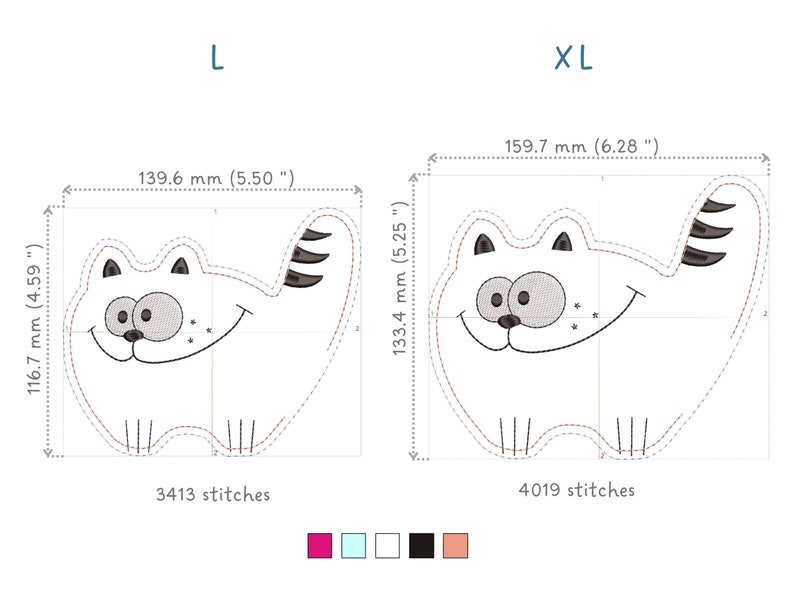 May include: White cartoon cat embroidery design in two sizes, L and XL. The L size is 5.50 inches wide and 4.59 inches tall. The XL size is 6.28 inches wide and 5.25 inches tall. The design features a smiling cat with a striped tail.