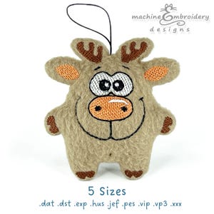 May include: A brown plush reindeer ornament with a smiling face, big eyes, and a red nose. The ornament has a loop for hanging and is available in 5 sizes.  .dat .dst .exp .hus .jef .pes .vip .vp3 .xxx