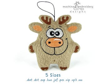 May include: A brown plush reindeer ornament with a smiling face, big eyes, and a red nose. The ornament has a loop for hanging and is available in 5 sizes.  .dat .dst .exp .hus .jef .pes .vip .vp3 .xxx