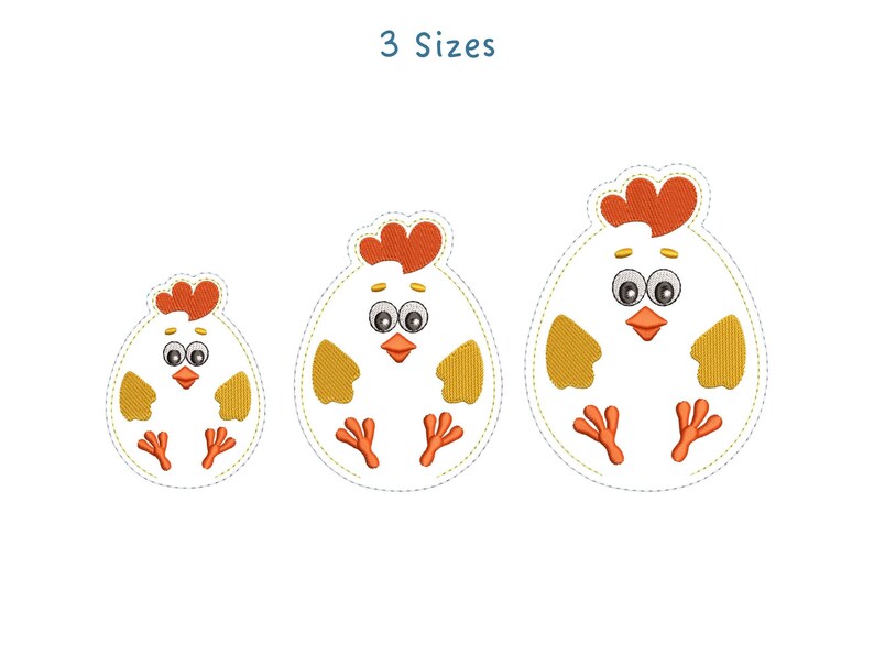 May include: Three embroidered chick designs in different sizes. The chicks are white with orange beaks and feet, yellow wings, and black eyes. The text "3 Sizes" is above the chicks.