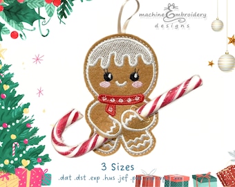 Christmas Candy Cane Holder Gingerbread Machine Embroidery Design - DIY ITH Holder - 3 Sizes