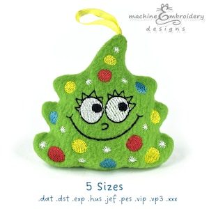 May include: Green felt Christmas tree ornament with a smiling face, white snowflakes, and colorful polka dots. The ornament has a yellow loop for hanging. 5 Sizes: .dat .dst .exp .hus .jef .pes .vip .vp3 .xxx